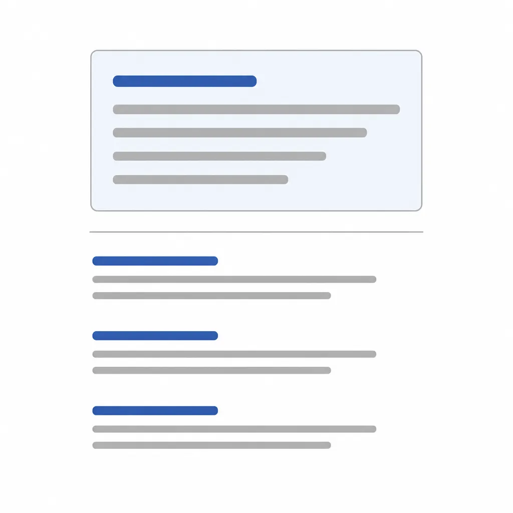 Illustration d'une page de résultats de recherche : un encadré mis en avant en haut de page, au-dessus de trois résultats classiques stylisés.
