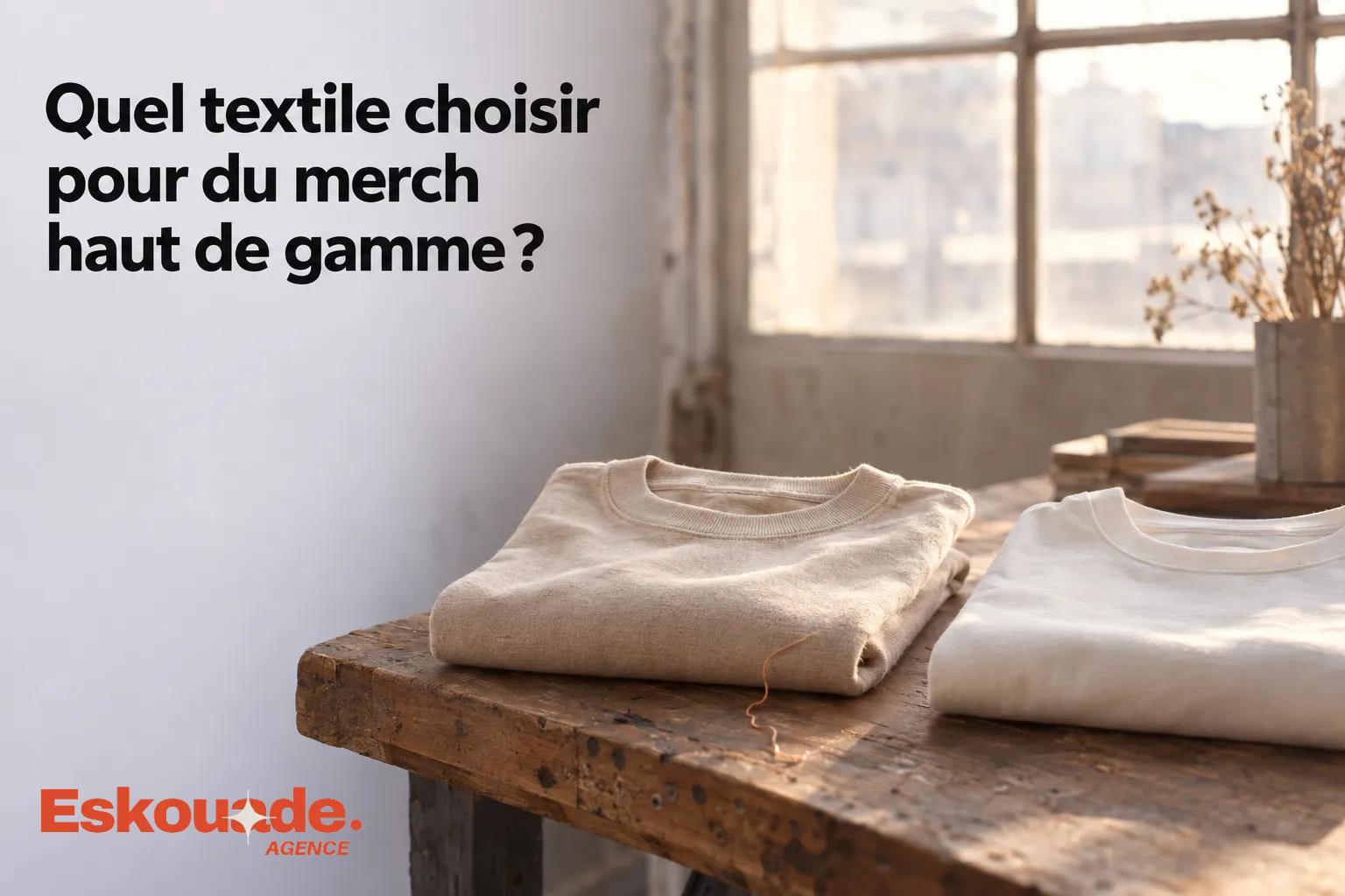 Deux pulls ou t-shirts pliés sur une table en bois près d'une fenêtre, prêts à être choisis.
