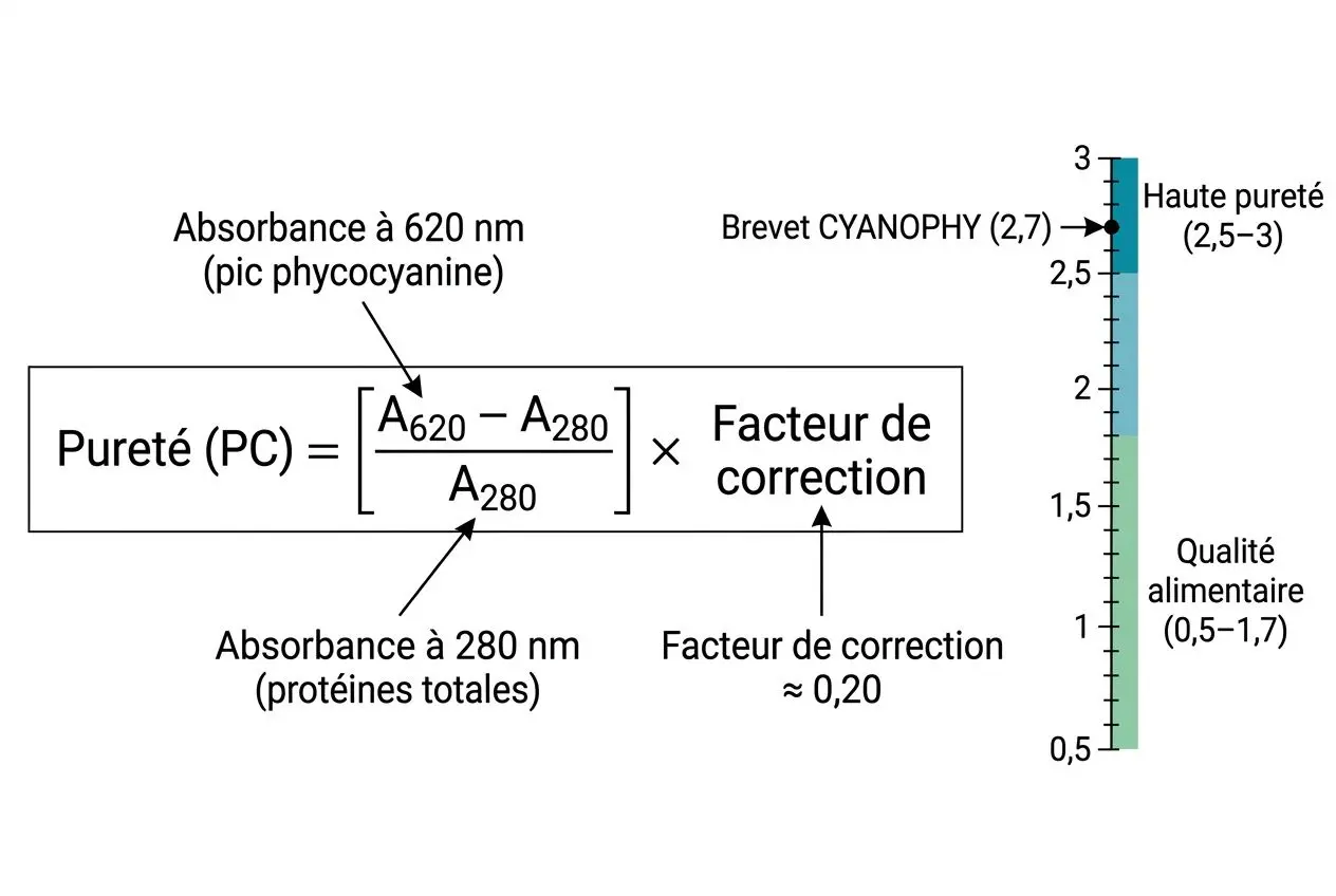 Phycocyanine c'est quoi exactement : schéma montrant pureté (PC) calculée à partir des absorbances A620 et A280, avec correction et absorbance à 280 nm, et une échelle de pureté et qualité allant de 0,5 à 3.0.
