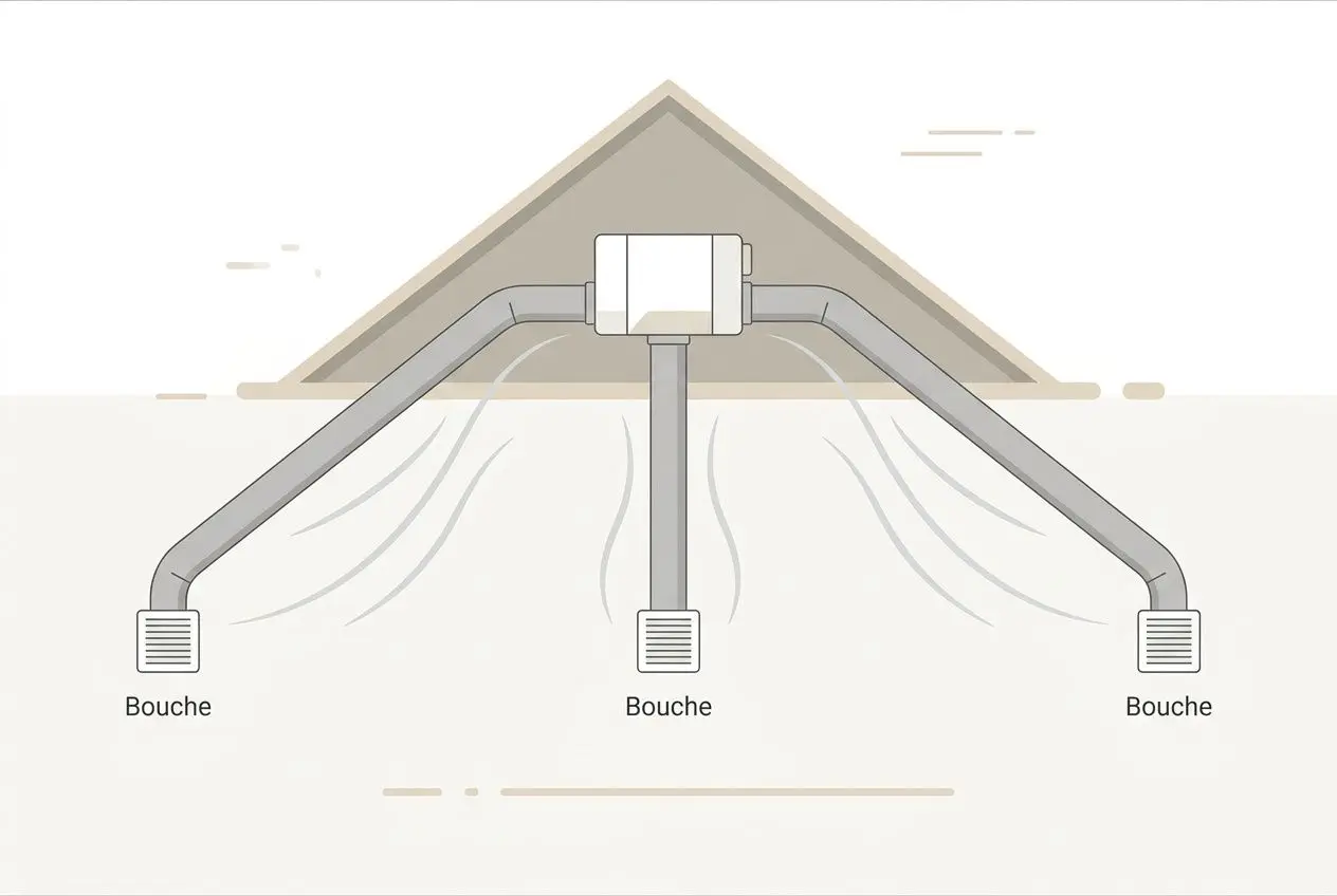 Schéma d’un réseau VMC dans toiture, trois bouches d’extraction reliées à un central, montrant la ventilation dans une maison ancienne. vmc obligatoire maison ancienne intégrée.