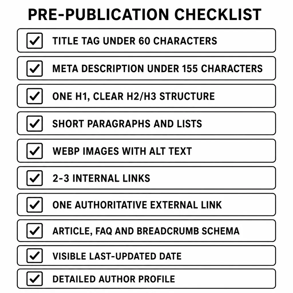 Infographic of the ultimate pre-publication checklist for SEO content, covering the key points of an optimised page.