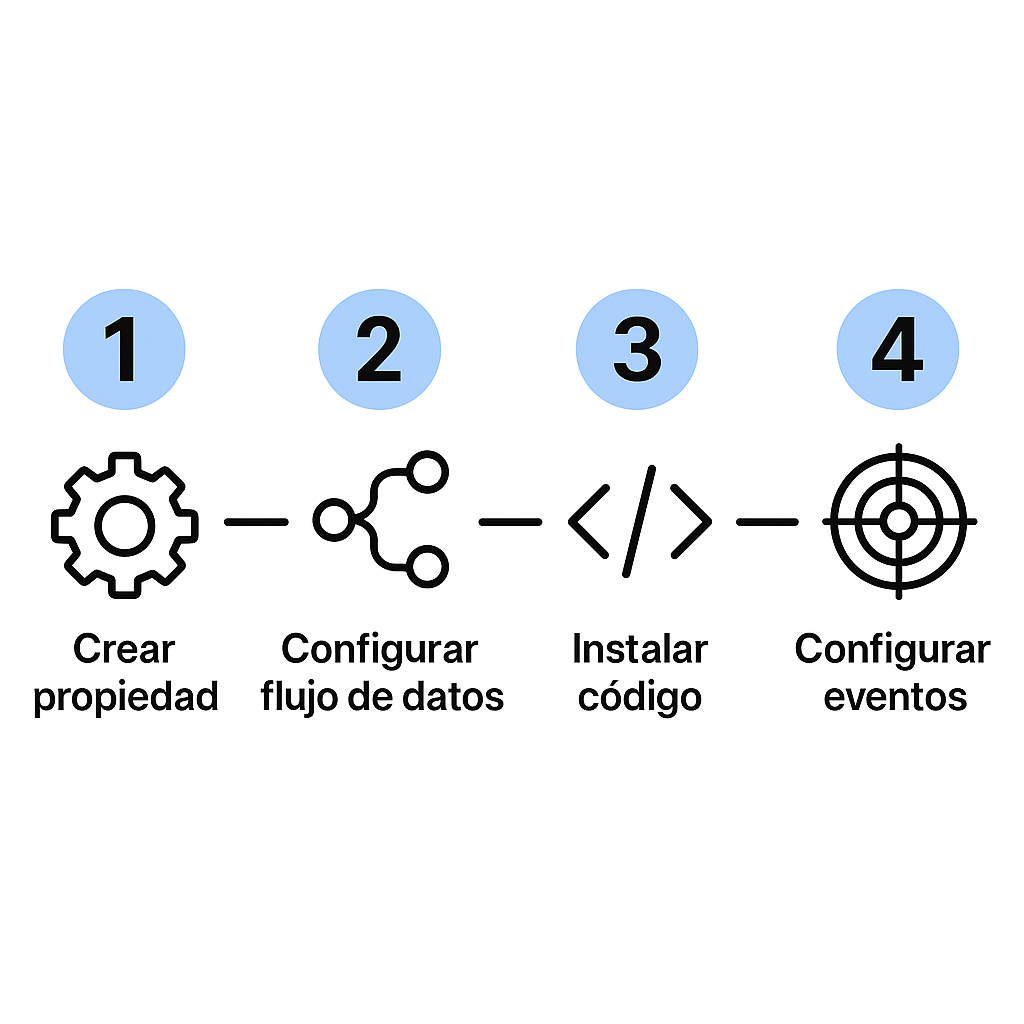 Infografía con los 4 pasos para configurar Google Analytics 4: 1. Crear propiedad, 2. Configurar flujo de datos, 3. Instalar código, 4. Configurar eventos.