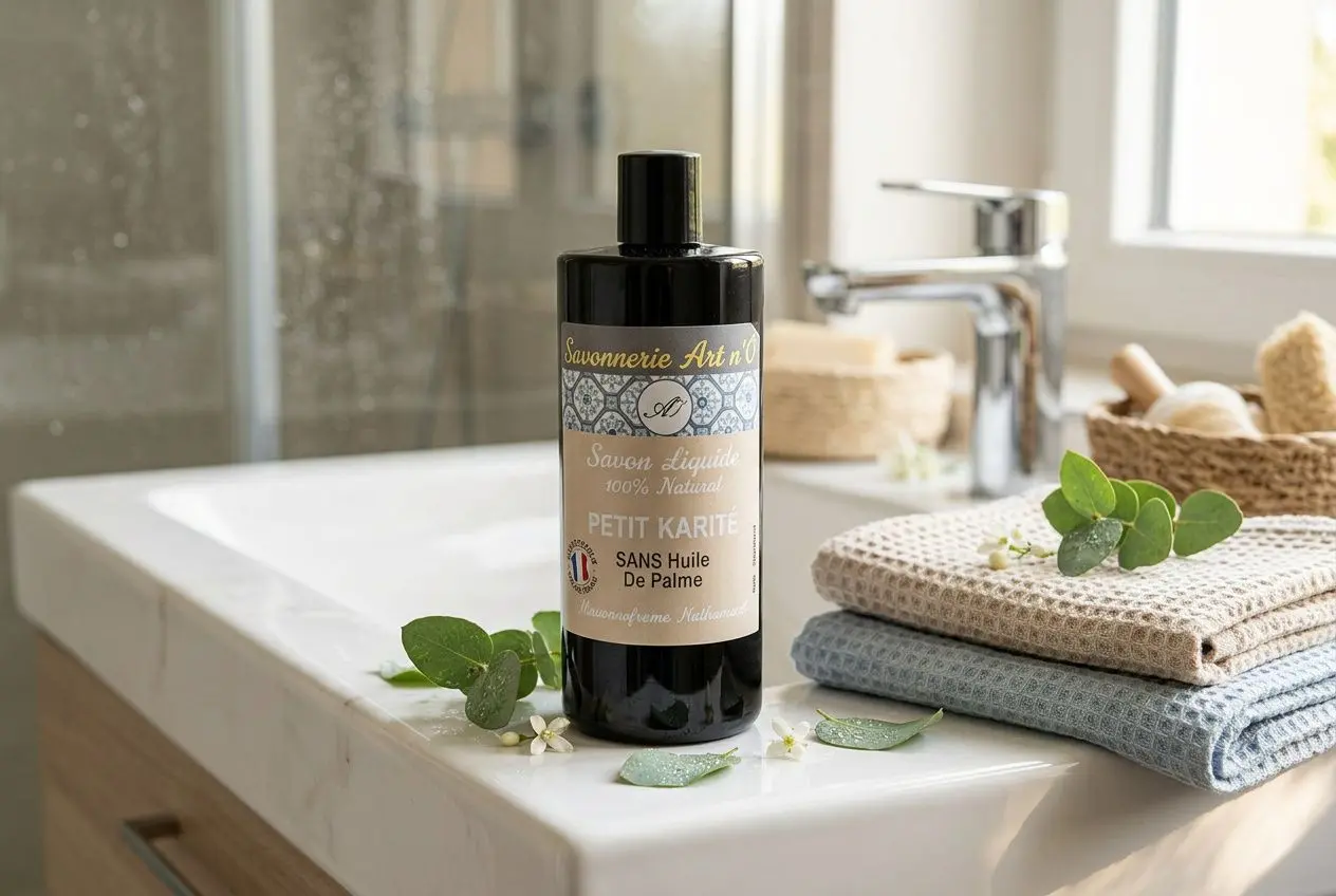 Huile liquide naturelle pour cosmétique naturel bio, flacon noir sur plan de lavabo avec linge pastel et feuilles vertes.