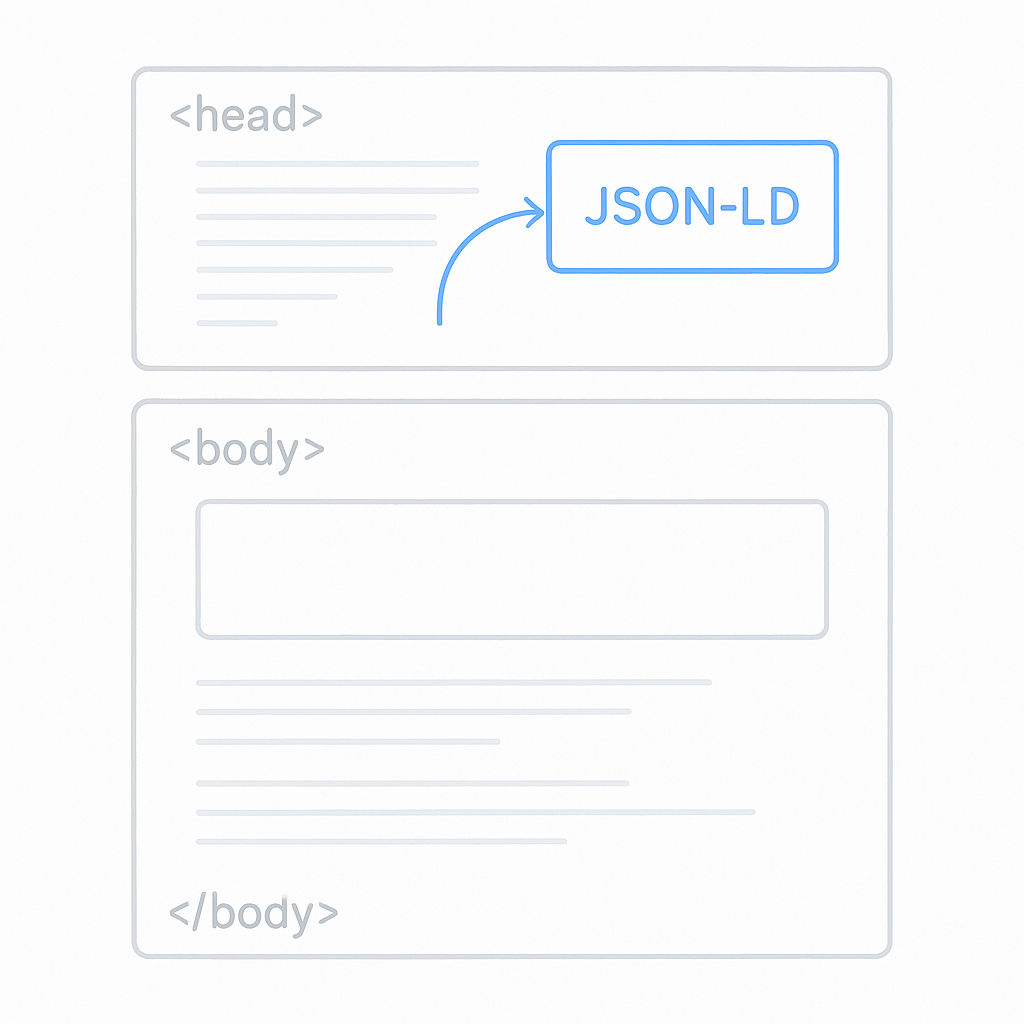 Schéma illustrant l'intégration du code JSON-LD dans l'en-tête d'une page web, séparément du contenu visible.
