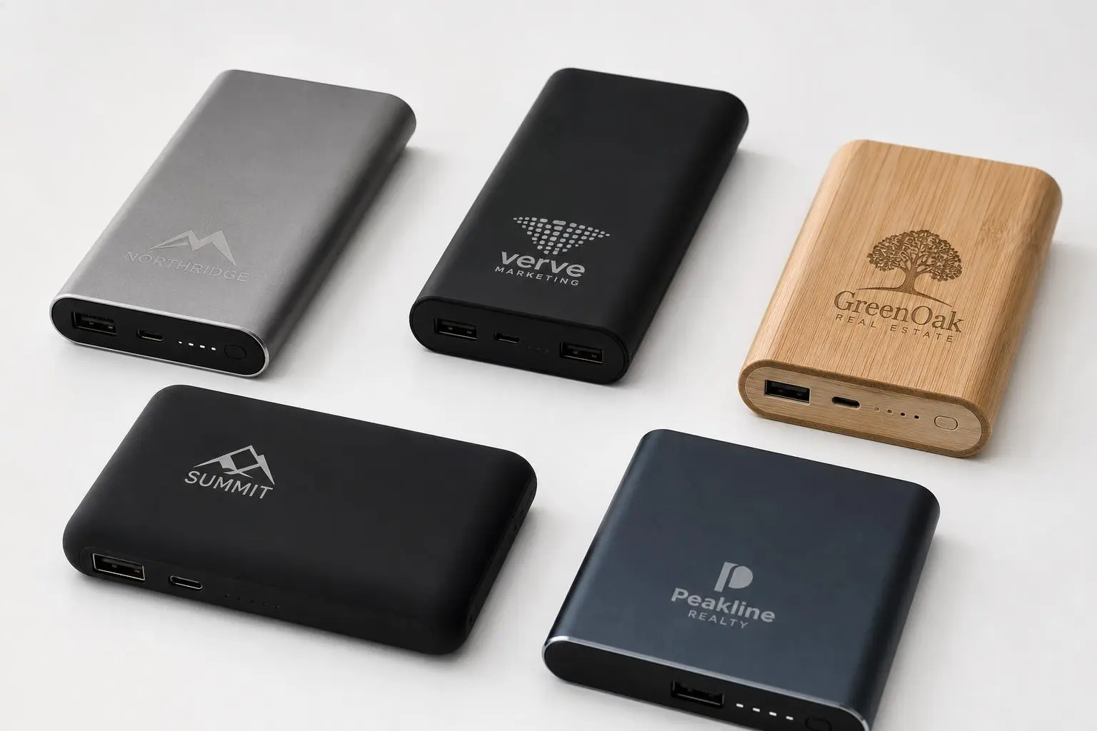 Batterie externe personnalisable avec logo d'entreprise: cinq power banks colorés avec logos tels que Summit, Verve Marketing, GreenOak, Peakline Realty et Summit, ports USB visibles. Batterie externe logo entreprise.