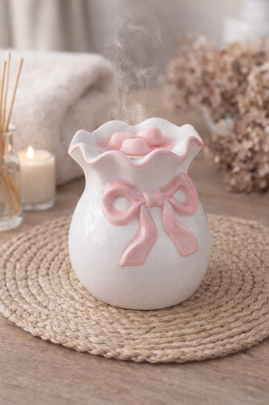 Brûleur vase en céramique blanche ornée d'un nœud rose pâle, décoratif.