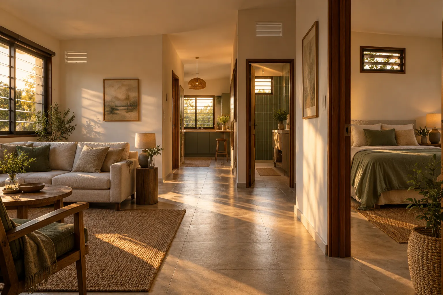 Salon lumineux avec canapé et fauteuils, vue vers une cuisine et une chambre séparée.