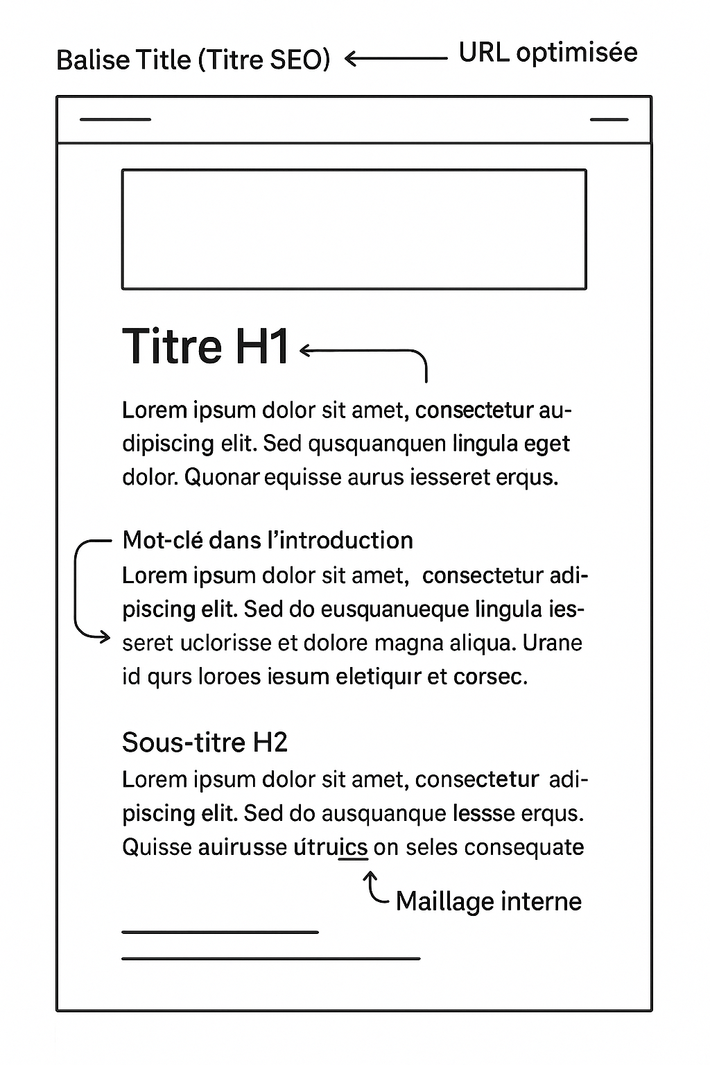 Schéma d'une page de blog optimisée pour le SEO, avec des annotations indiquant l'emplacement stratégique des mots-clés dans l'URL, la balise title, le titre H1 et le contenu.