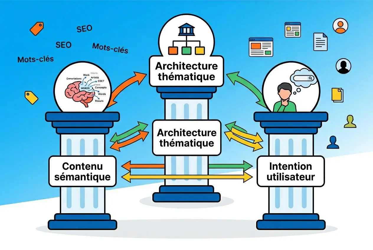 Diagramme illustrant une architecture sémantique avec contenu sémantique, architecture thématique et intention utilisateur. Pourquoi analyse sémantique importante pour votre stratégie.