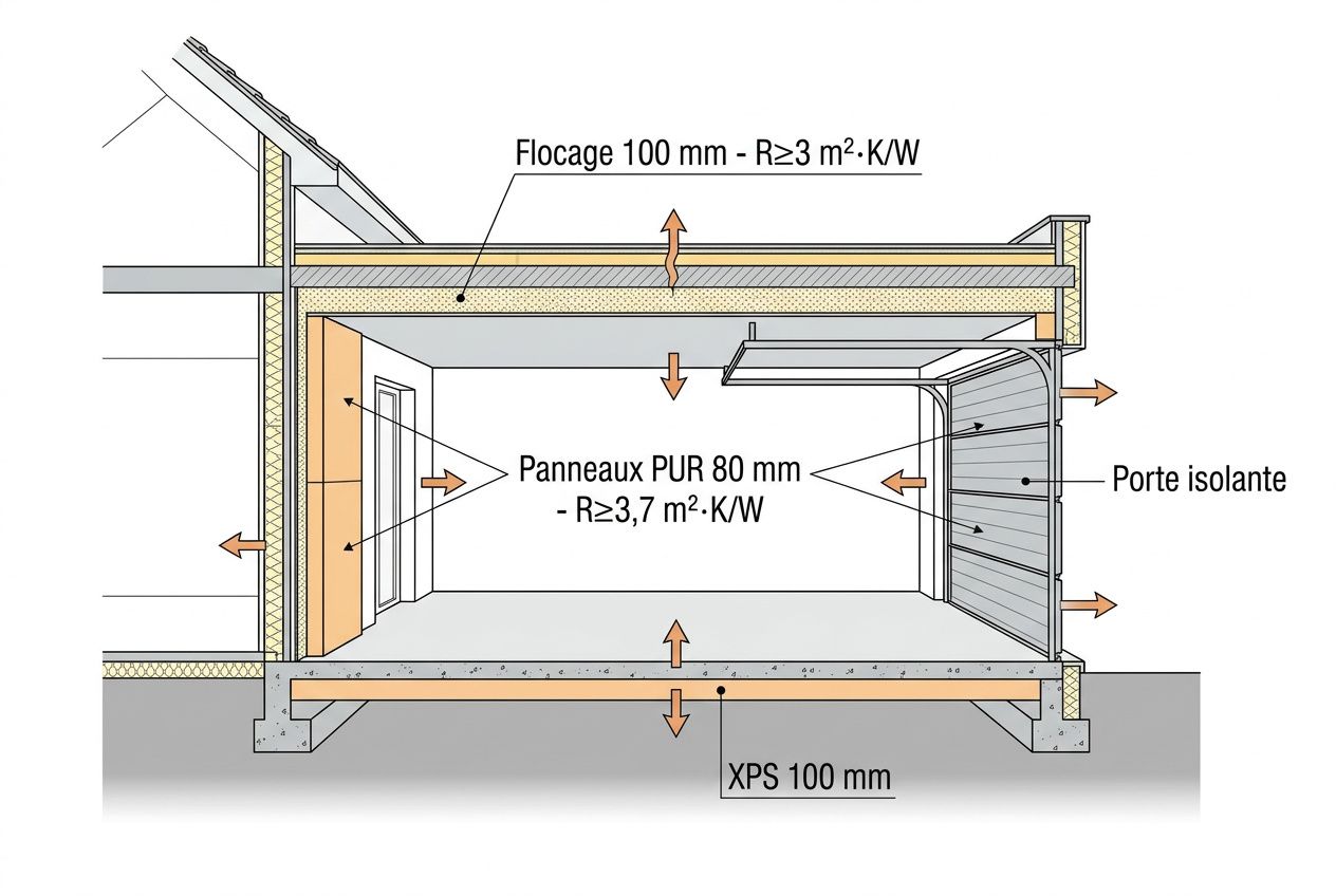 Schéma d’isolation de garage avec murs, toit et sol, indiquant Panneaux PUR 80 mm et flocage 100 mm, porte et rejets. isolation garage prix intégrée.