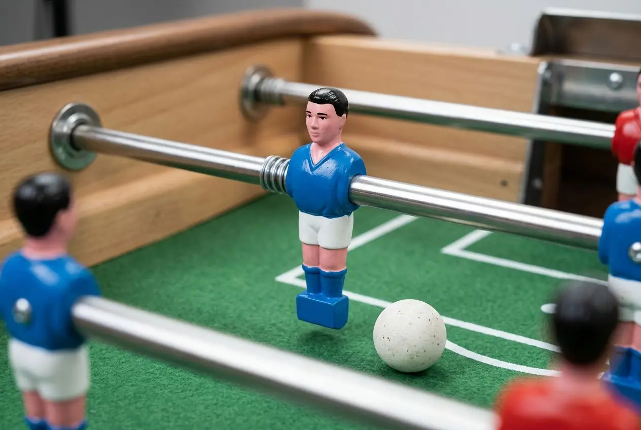 Joueurs de baby-foot miniatures sur une table Bonzini, balle blanche au centre, barres métalliques et pelouse synthétique. accessoires baby-foot bonzini intégrés naturellement.