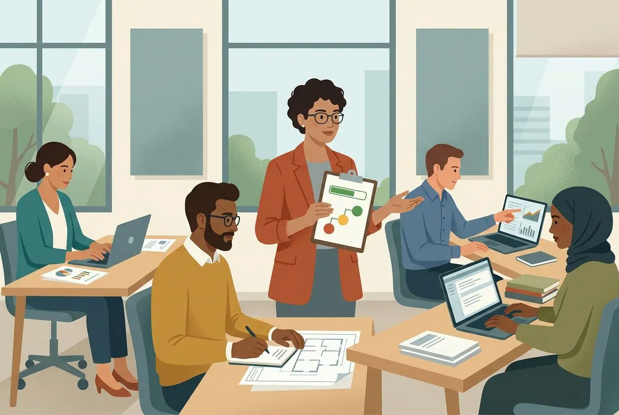 Professionnels en réunion de projet autour de documents et écrans, une responsable présente les étapes de la gestion de pro avec un tableau et des graphiques.
