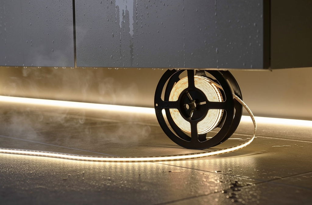 Ruban LED blanc chaud étanche IP65 installé sous un meuble de salle de bain.