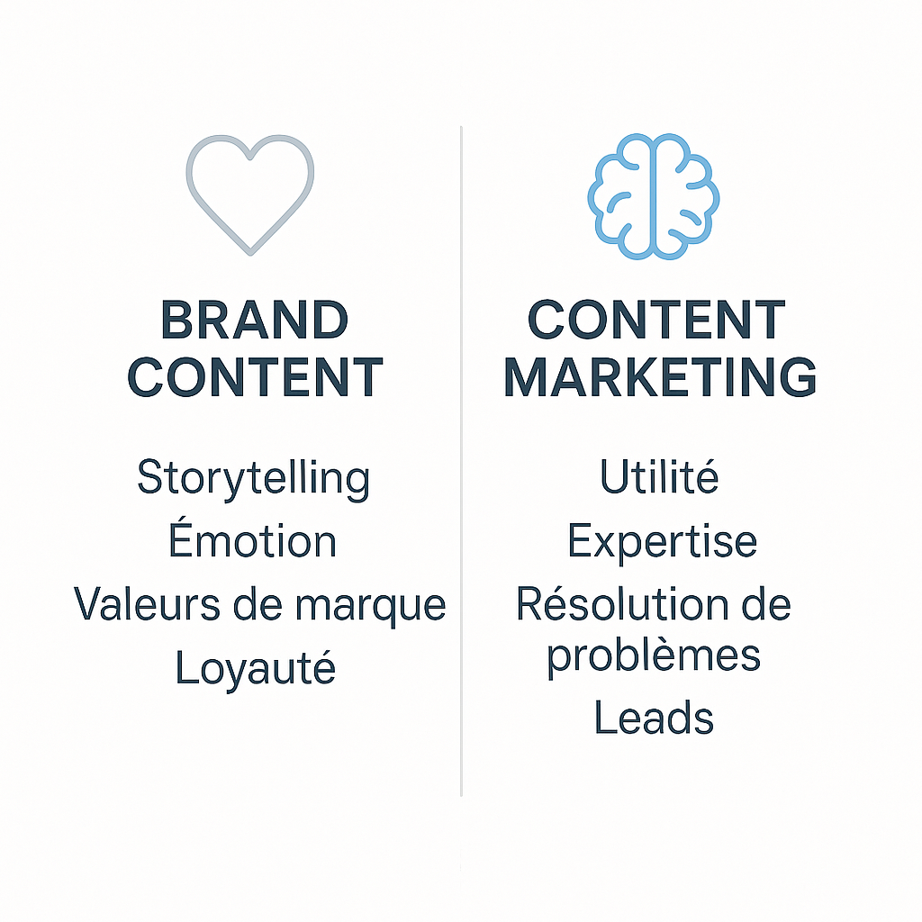 Schéma comparatif illustrant les différences entre le Brand Content, centré sur l'émotion et les valeurs de marque, et le Content Marketing, axé sur l'utilité et la génération de leads.