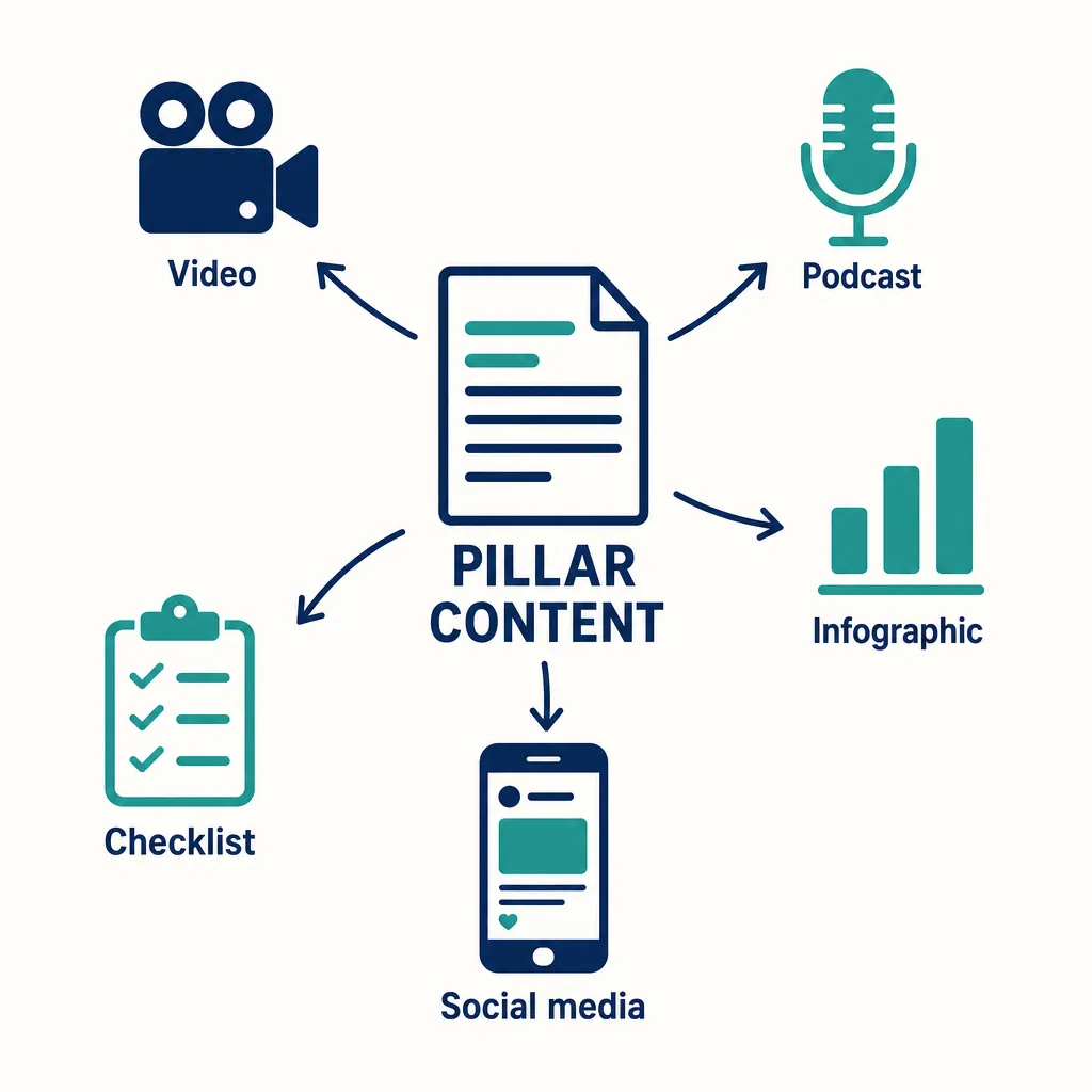 Content recycling diagram: a central pillar content piece branches into video, podcast, infographic, checklist and social media posts.