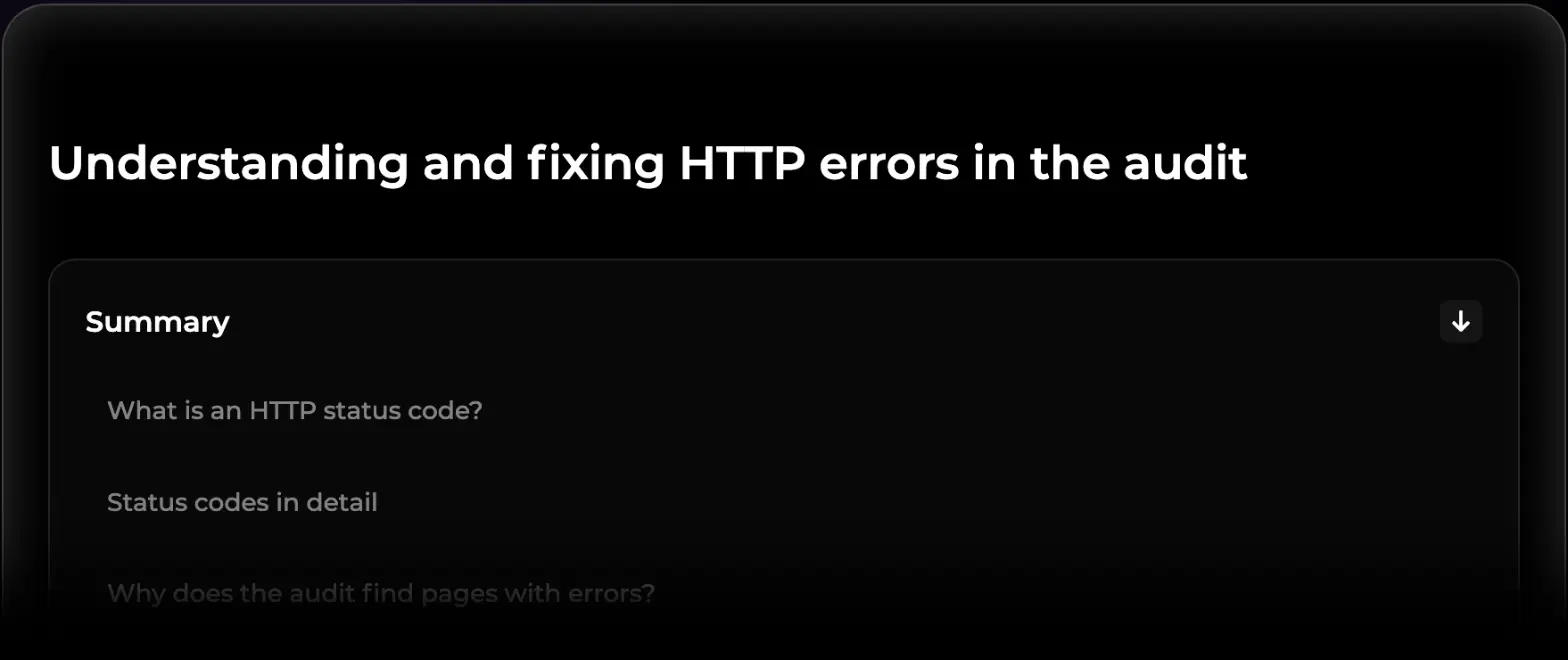 Fix guide opened from the audit: Understanding and fixing HTTP errors, with a summary of sections on status codes and fixes