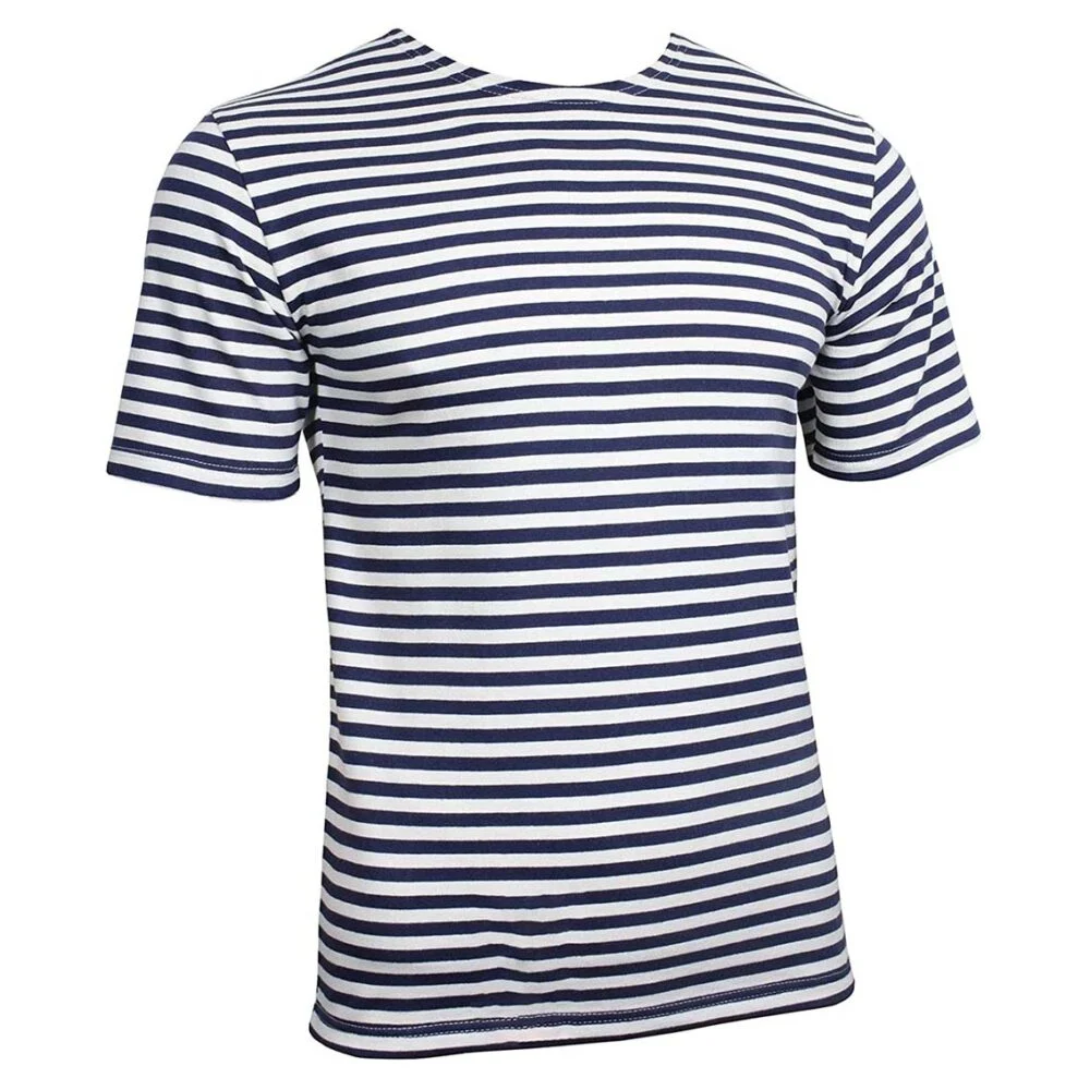 Tee-shirt à rayures bleu marine et blanc de style marinière militaire russe, coupe cintrée, coton épais.