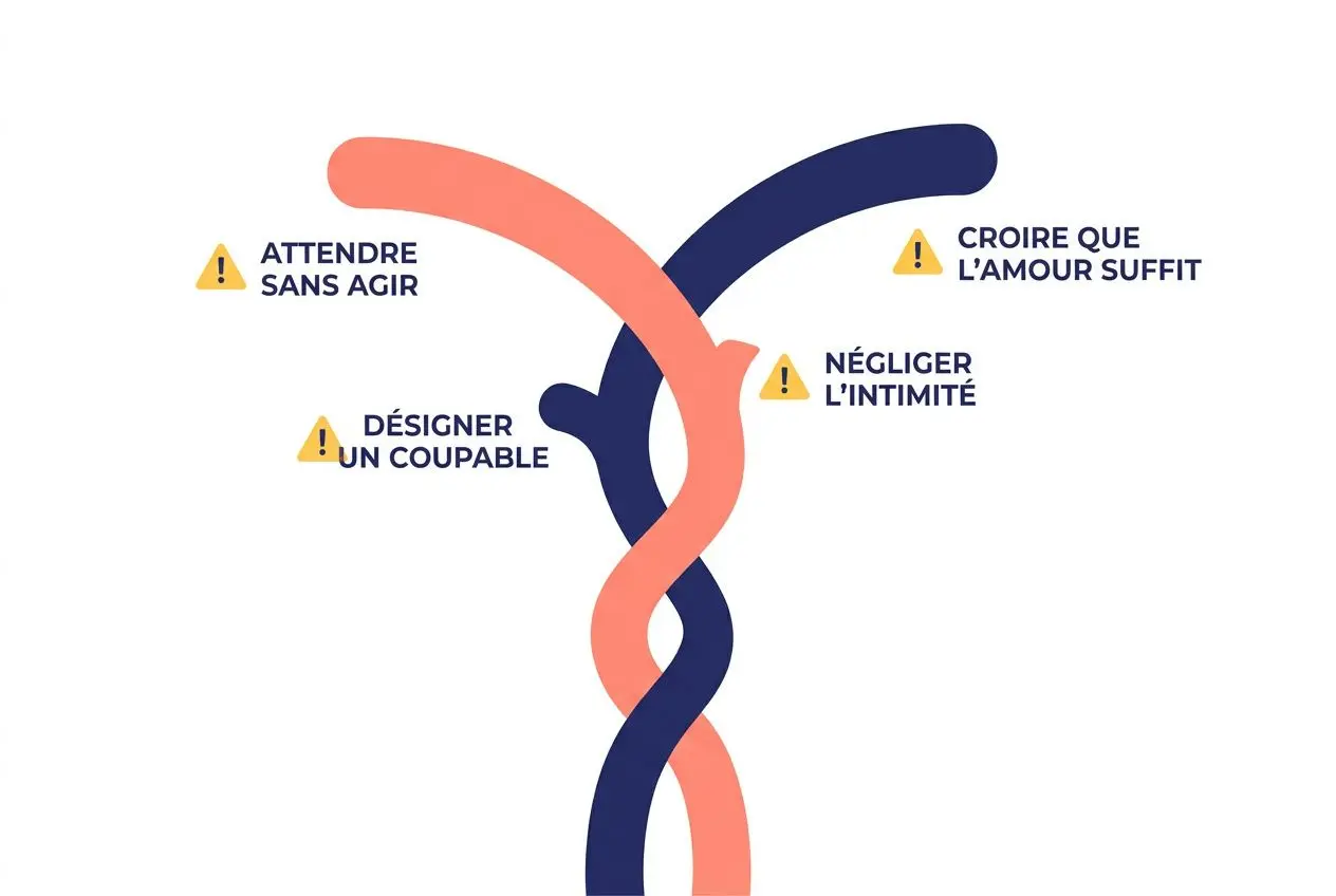 Deux chemins qui se croisent, symboles d’un couple en crise, avec des avertissements et conseils pour éviter les erreurs. clé: comment sauver son couple.