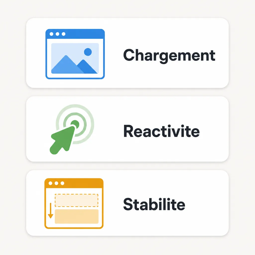 Trois cartes illustrant les indicateurs Core Web Vitals : chargement, réactivité et stabilité visuelle.