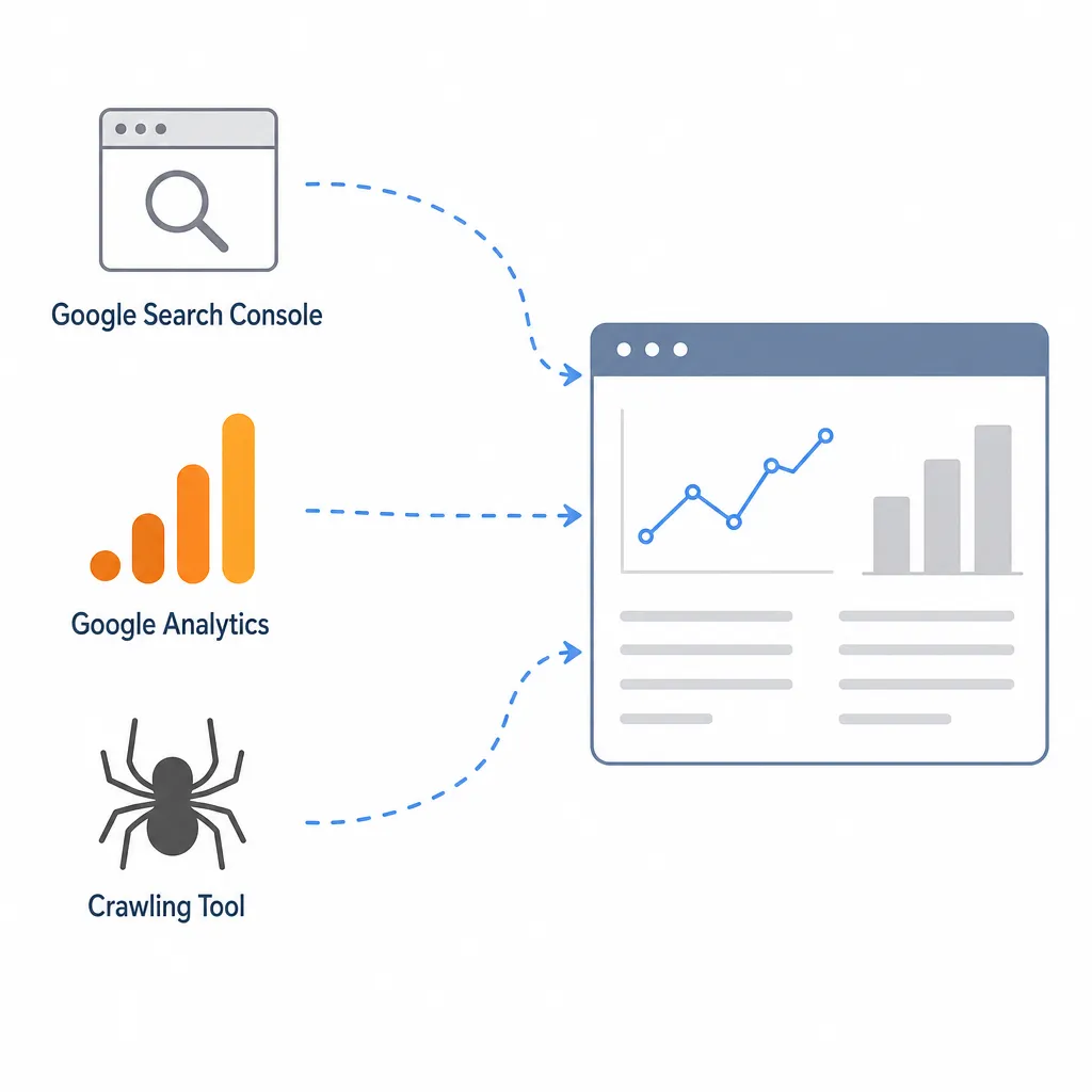 Diagram of data collection for a content audit, from Google Search Console, Google Analytics and a crawling tool into a central dashboard.