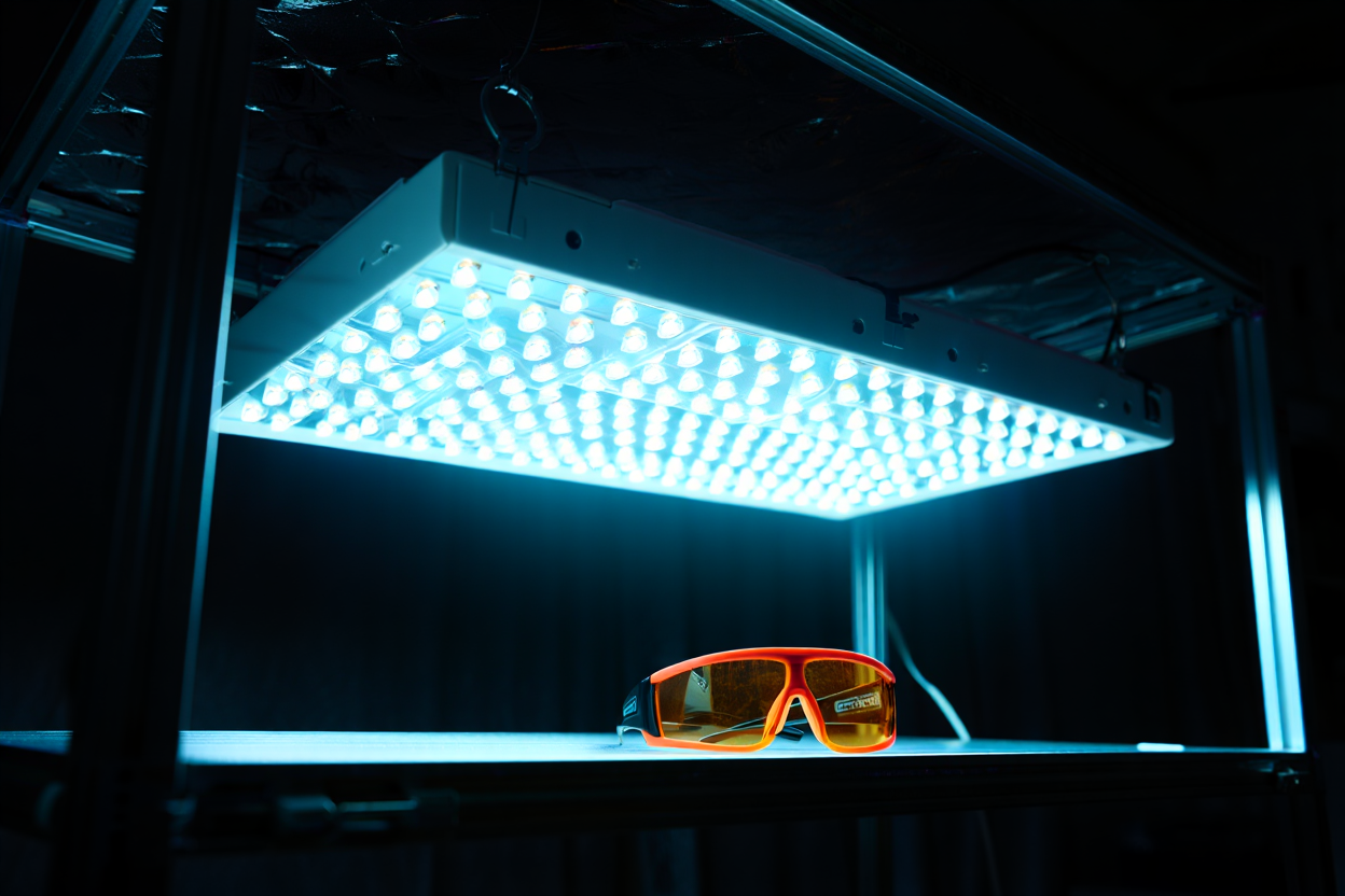 Lampe LED horticole plein spectre en fonctionnement