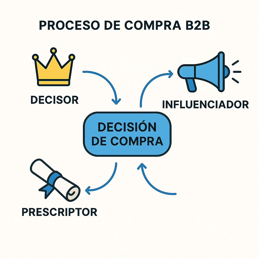 Diagrama que ilustra los tres roles clave en una decisión de compra B2B: el decisor que aprueba, el prescriptor que recomienda y el influenciador que opina.