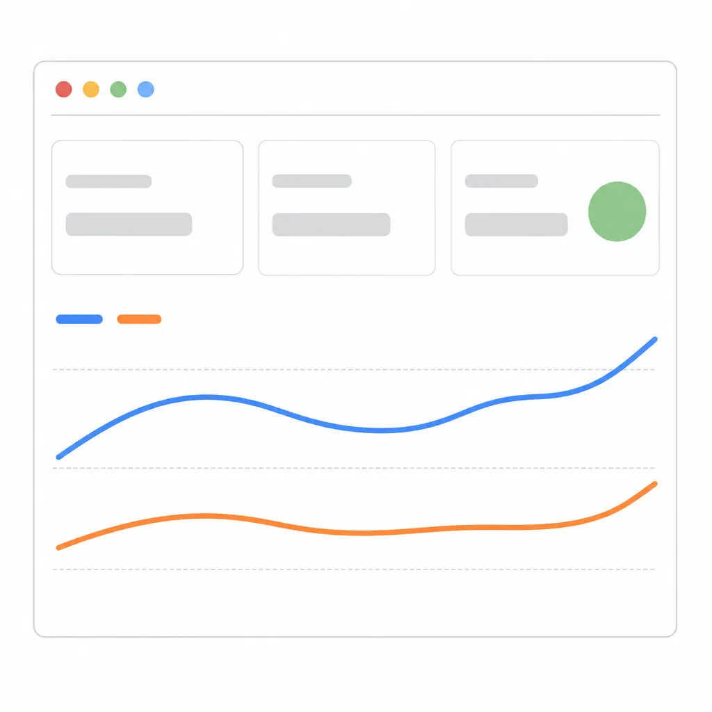 Illustration d'un tableau de bord d'analyse : fiches de synthèse et graphique à deux courbes, l'une bleue et l'autre orange.