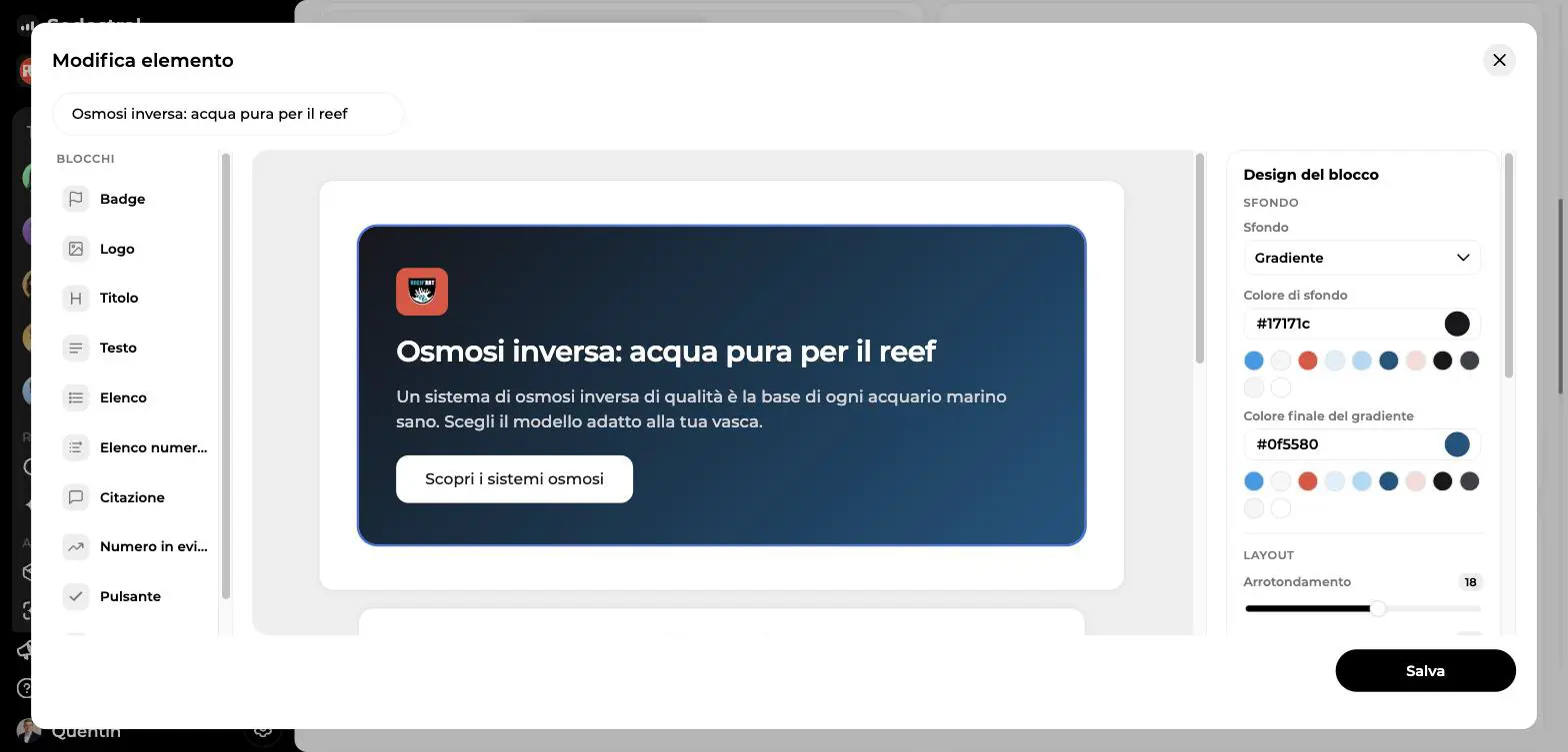 Builder di un elemento grafico con la palette dei blocchi, l'anteprima di una carta scura e l'ispettore Design del blocco