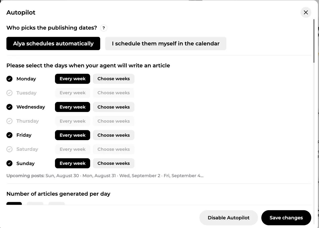 Autopilot settings: Alya schedules automatically, Monday, Wednesday, Friday and Sunday selected, upcoming posts listed