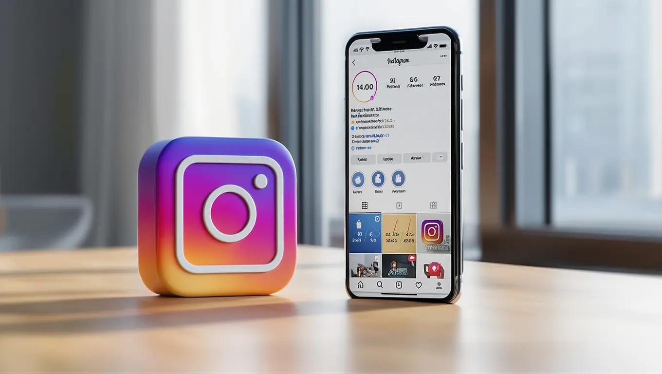 Icône Instagram sur un bureau moderne avec smartphone montrant la croissance des abonnés
