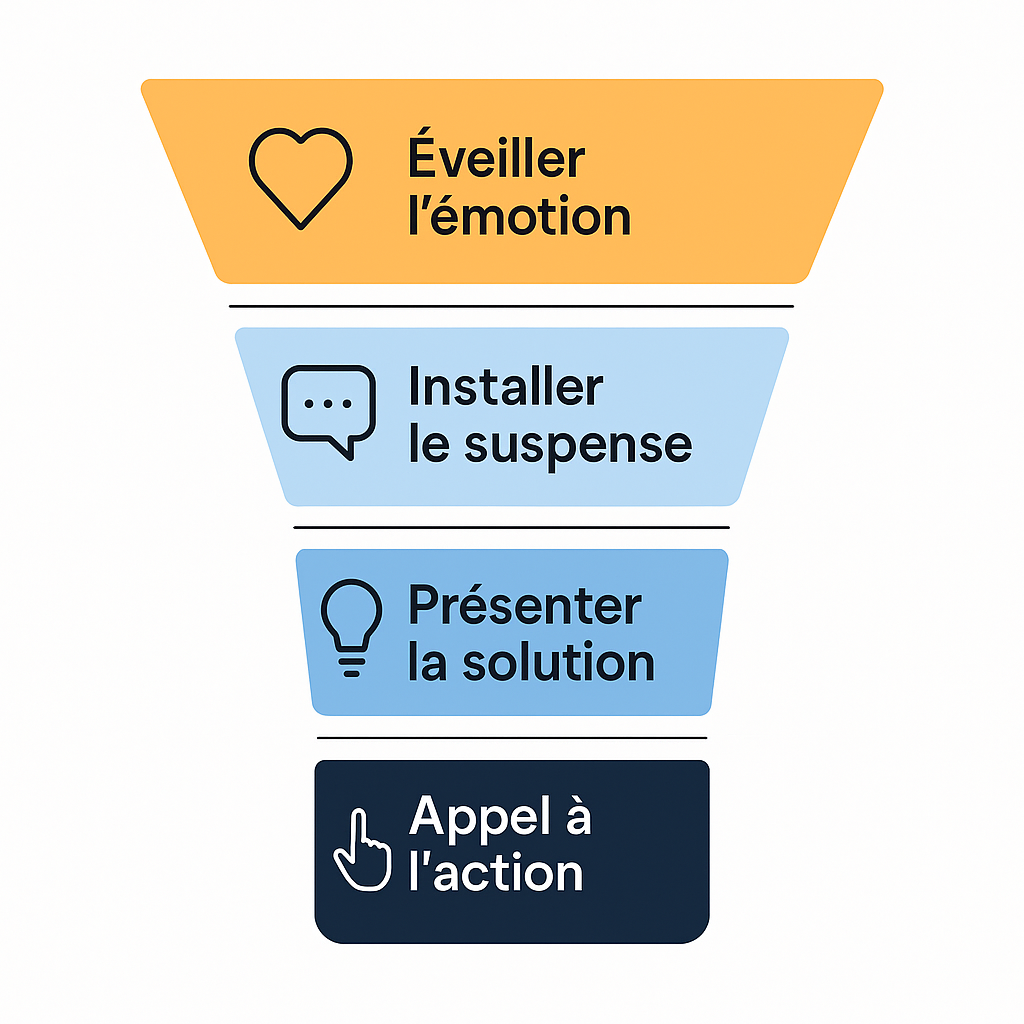 Graphique représentant la structure narrative du storytelling en marketing, en quatre étapes : éveiller l'émotion, installer le suspense, présenter la solution et l'appel à l'action.