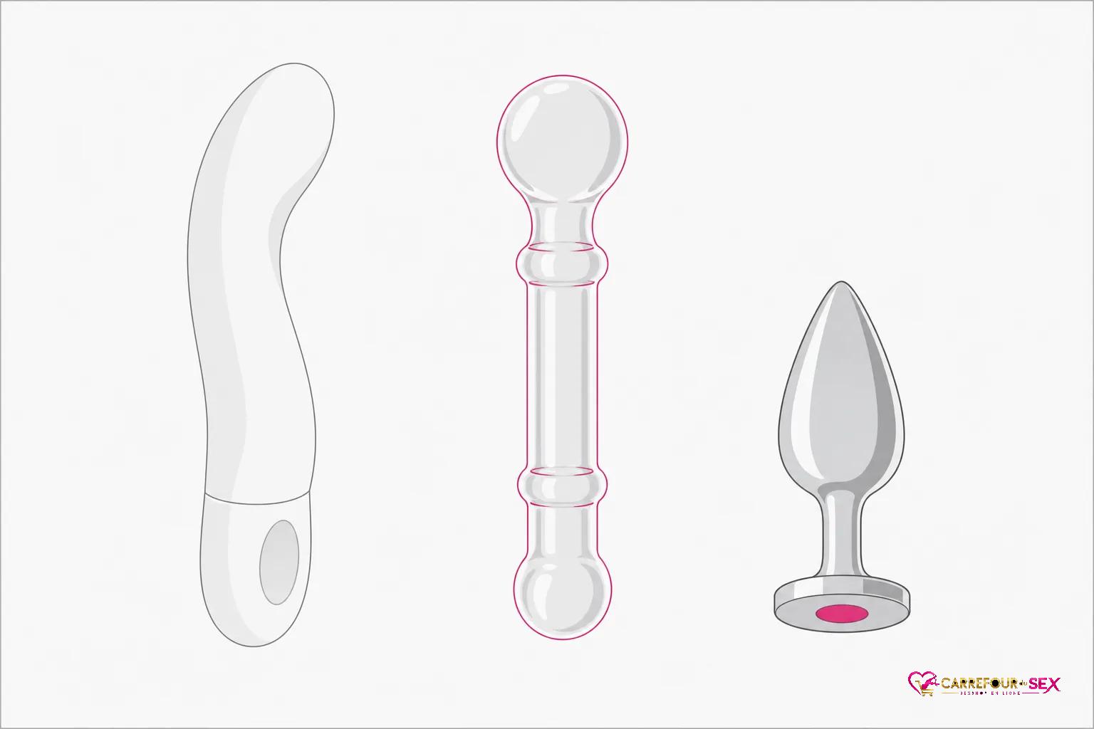 Trois sextoys illustrés: un vibromasseur fin, un vibromasseur tissu transparent avec billes, et un stimulateur rabbit approprié.