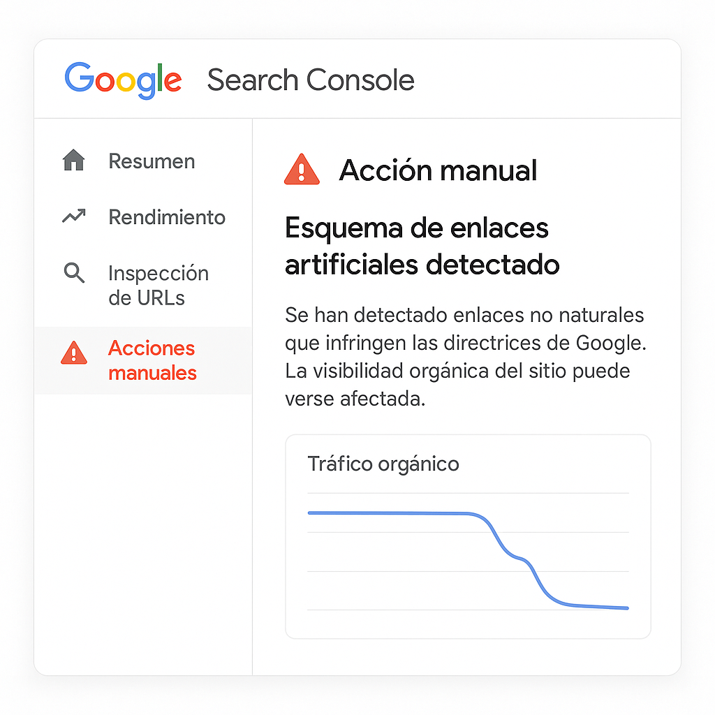 Imagen de una penalización manual en Google Search Console por el uso de una PBN, mostrando una notificación de 'esquema de enlaces artificiales' y una caída drástica del tráfico orgánico.