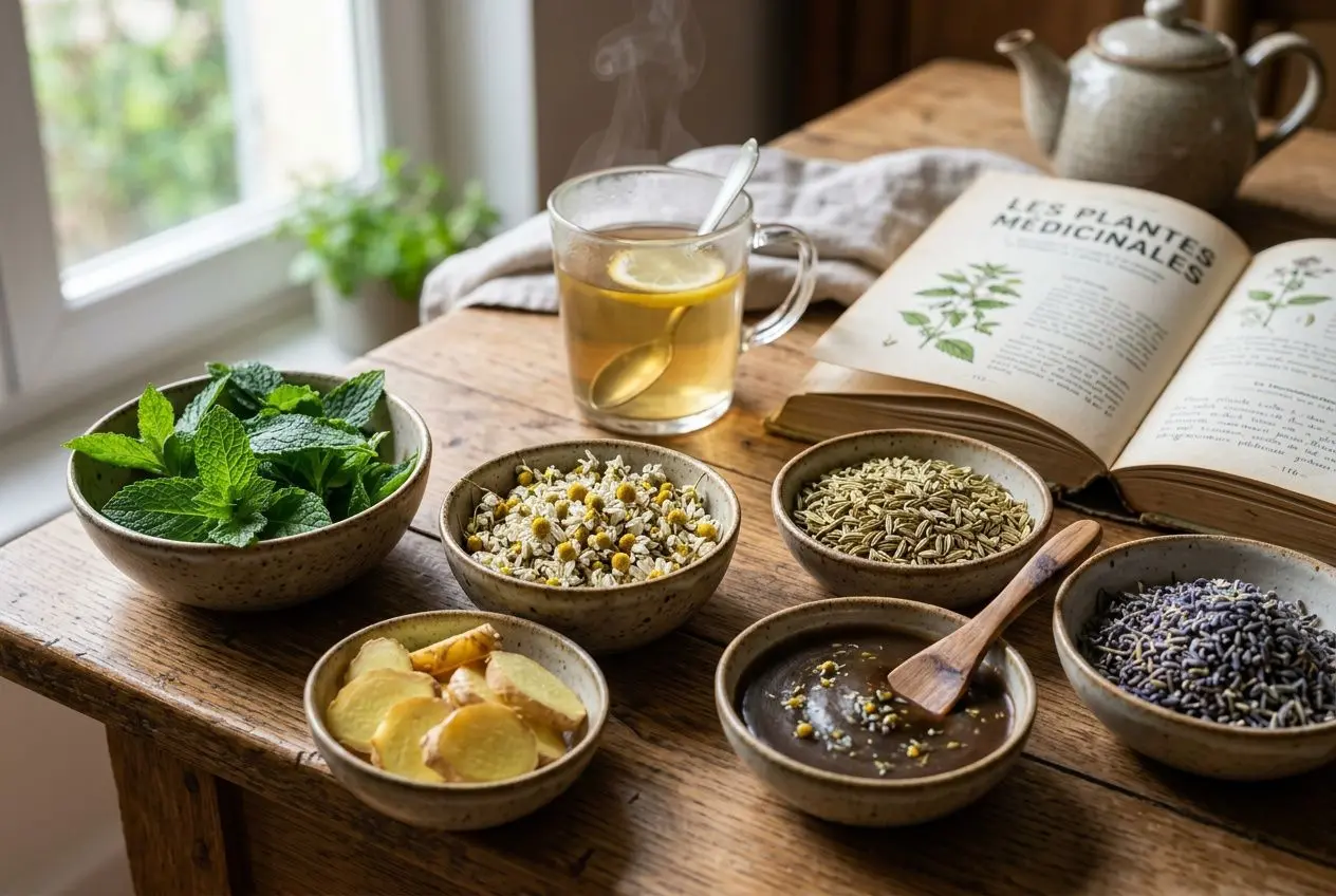 Assortiment de remèdes naturels sur une table: menthe, tisanes, fleurs et épices près d'un livre, illustrant des conseils pour comment traiter l'acné fongique naturellement.