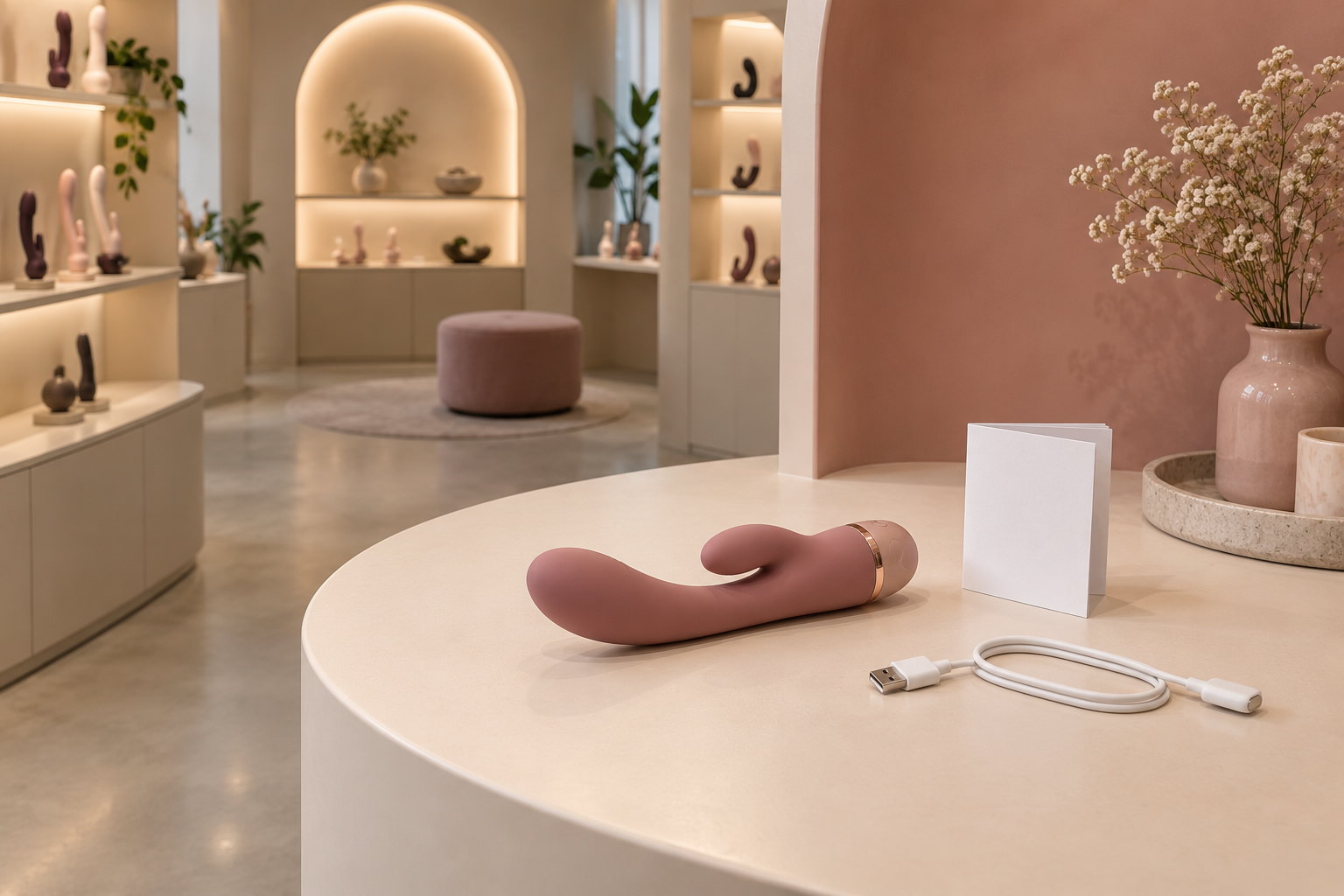 Vibromasseur rechargeable rose posé sur une table ronde dans une boutique élégante.