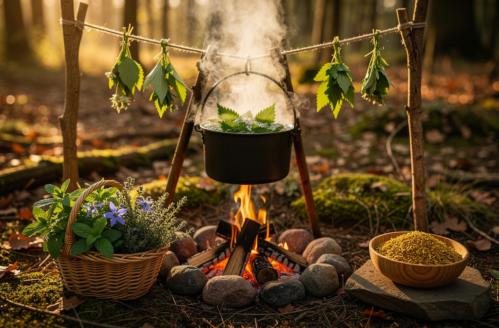 Préparation et séchage des plantes sauvages au campement