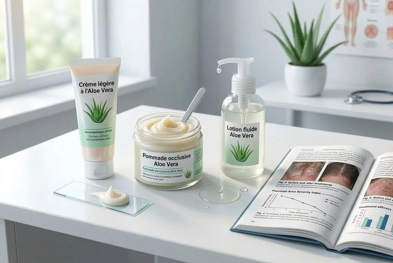 Crème légère et pommade occlusive à base d’aloe vera et gel en flacon, sur une table près d’un livre, montrant des produits pour le cuir chevelu. aloe vera psoriasis cuir chevelu.
