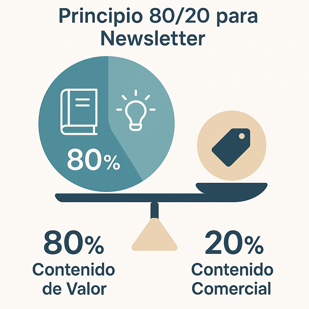 Gráfico del principio 80/20 para contenido de newsletters: 80% valor y 20% comercial.