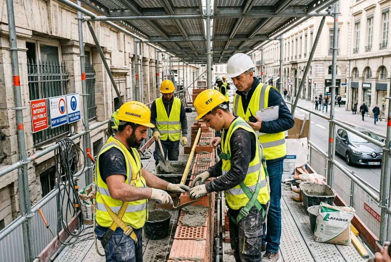 Constructeurs sur un chantier en hauteur avec casques et gilets jaunes, manipulant des briques sur une passerelle. Agence intérim travailleurs étrangers.