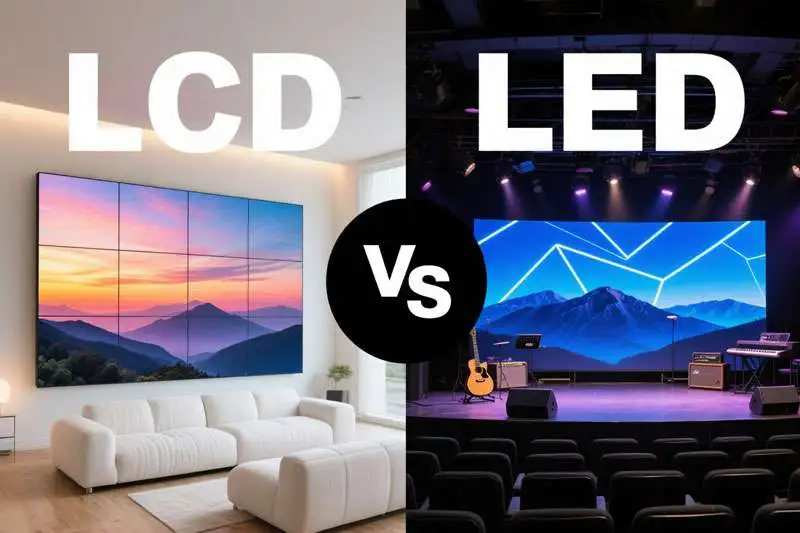 Comparaison LED vs LCD: salon lumineux avec grand écran mural LCD -- Scène de concert avec ecran géant LED, sans bord Comparaison LED vs LCD: salon lumineux avec grand écran mural LCD -- Scène de concert avec ecran géant LED, sans bord