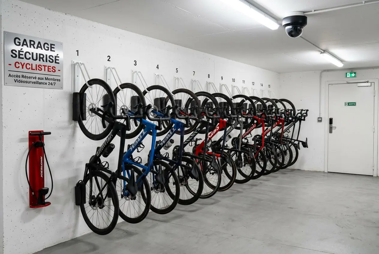 Vélos montés sur rails dans un garage sécurisé pour cyclistes, rangés à la verticale devant chaque porte numérotée, avec extincteur rouge et panneau 