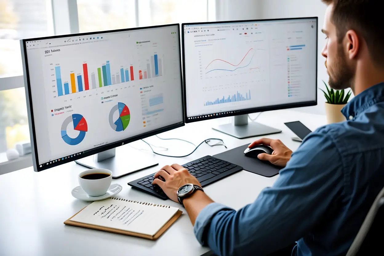 Professionista che analizza metriche SEO