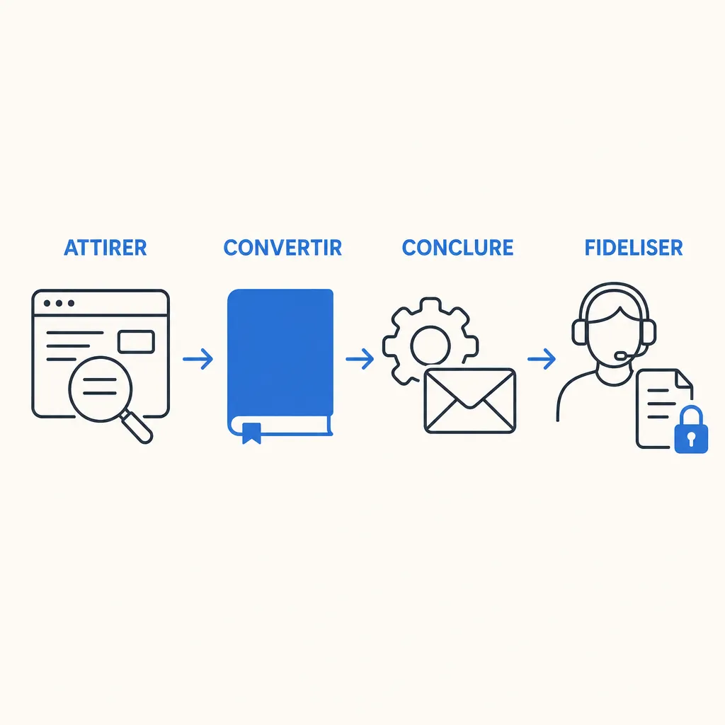 Schéma des quatre étapes de l'inbound marketing, attirer, convertir, conclure, fidéliser, avec le livre blanc au moment de la conversion.