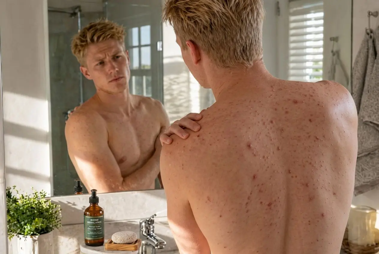 Homme torse nu dans une salle de bains, regard dans le miroir, montrant son dos et scapula marqués; flacon et accessoire de soin sur le plan de toilette. intégré à la description: comment traiter l'acné fongique naturellement.