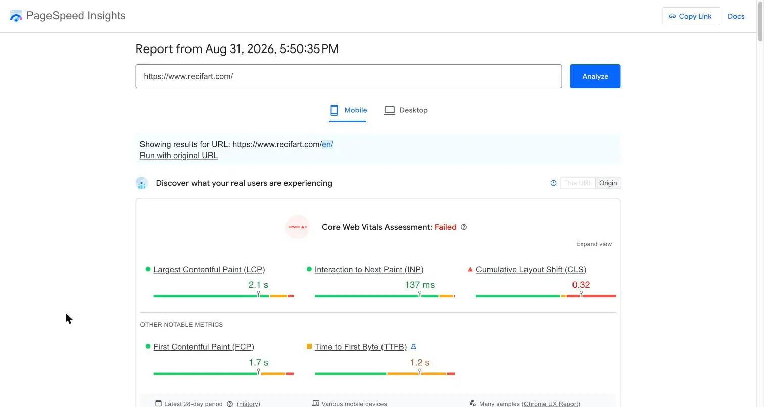 PageSpeed Insights report with a failed Core Web Vitals assessment: LCP 2.1 s and INP 137 ms pass, CLS 0.32 fails