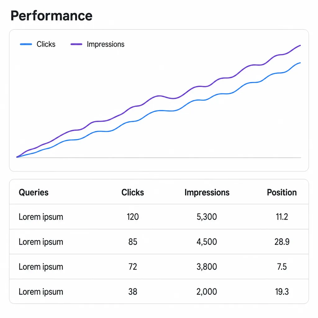 Stylised illustration of a Google Search Console performance report with a clicks and impressions chart and a queries table.