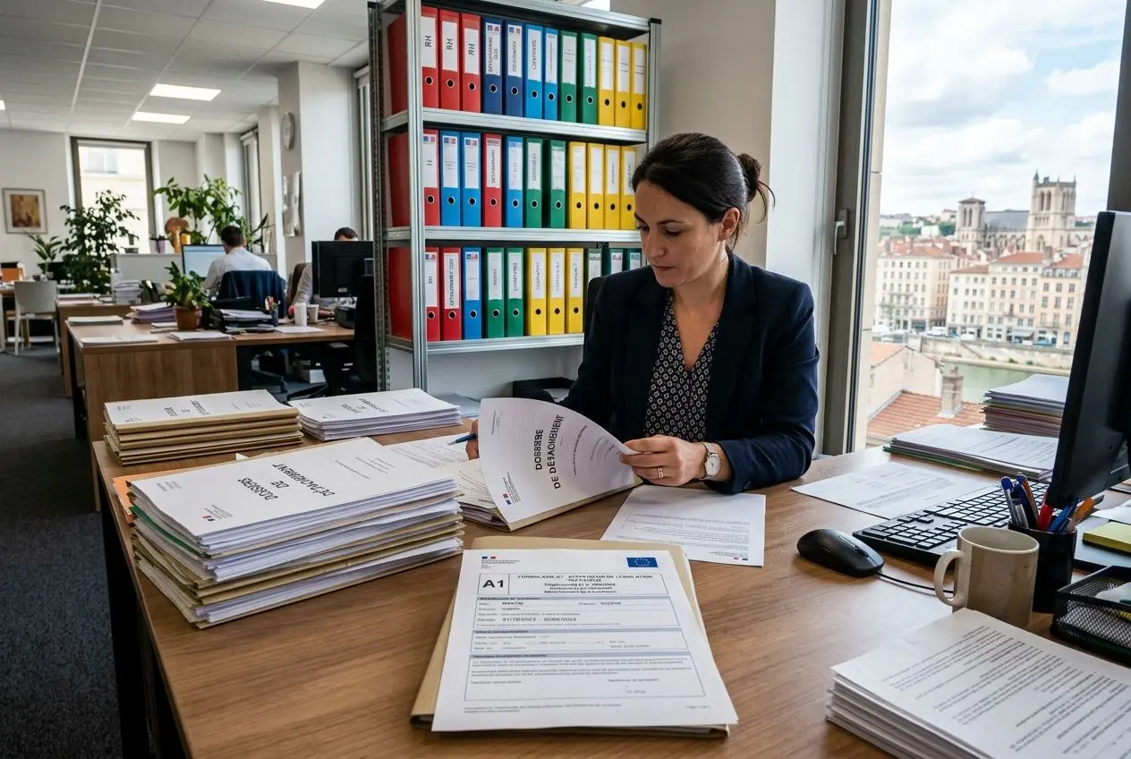 Une professionnelle assise à son bureau lit des documents, avec des piles de dossiers et un classeur de colorés rangés en arrière-plan. ddd