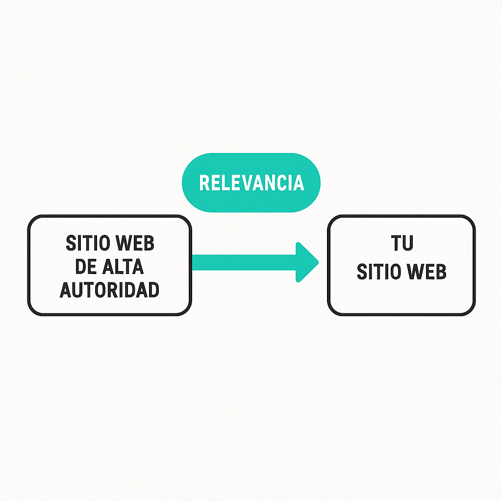 Esquema que ilustra cómo la autoridad de un dominio se transfiere a otro a través de un backlink en una estrategia de link building.