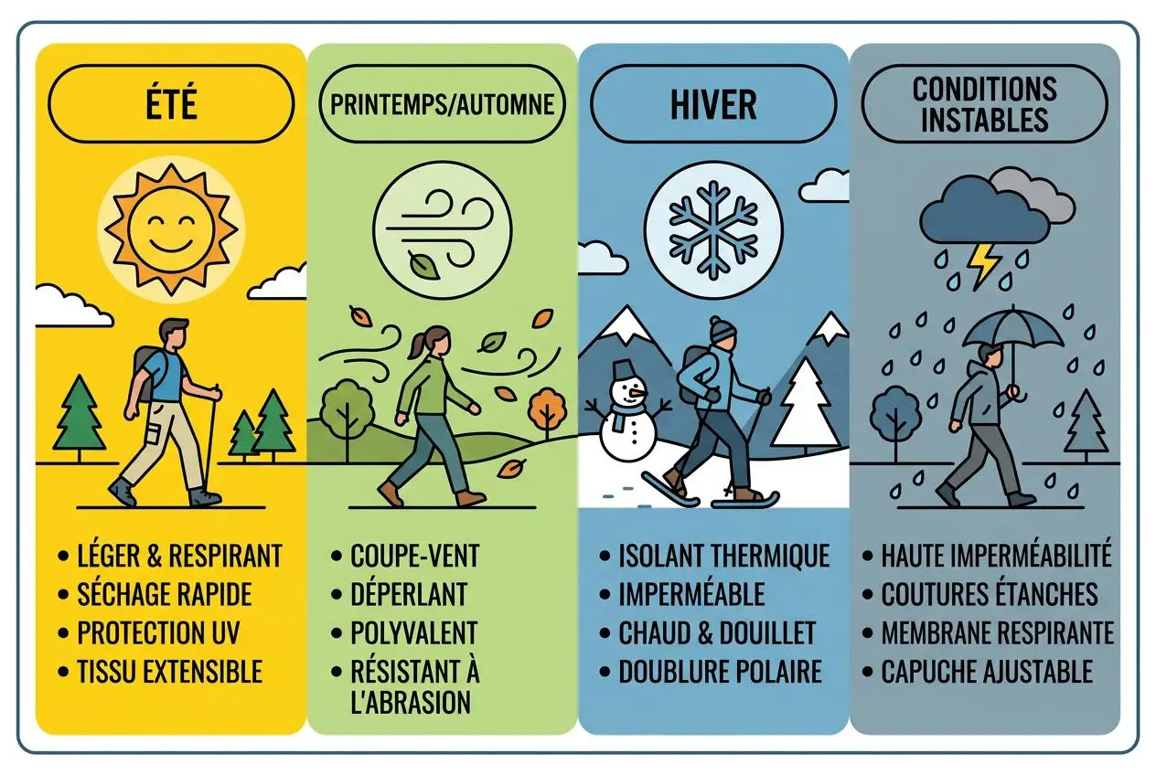 Bien choisir son pantalon outdoor: guide saisonnier illustré, été, printemps/automne, hiver et conditions instables avec caractéristiques et usages.