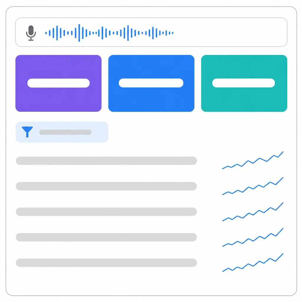 Maquette d'une interface d'analyse : recherche vocale, indicateurs, filtre et liste de requêtes conversationnelles à suivre.